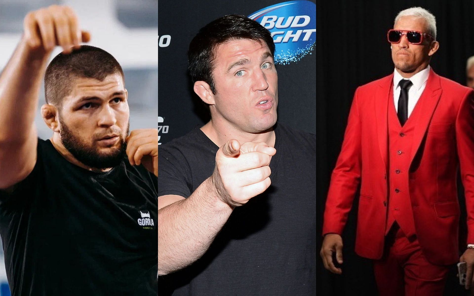 Khabib Nurmagomedov (left), Chael Sonnen (center), and Charles Oliveira (right) [Images courtesy @khabib_nurmagomedov Instagram, Getty, and @charlesdobronxs Instagram)