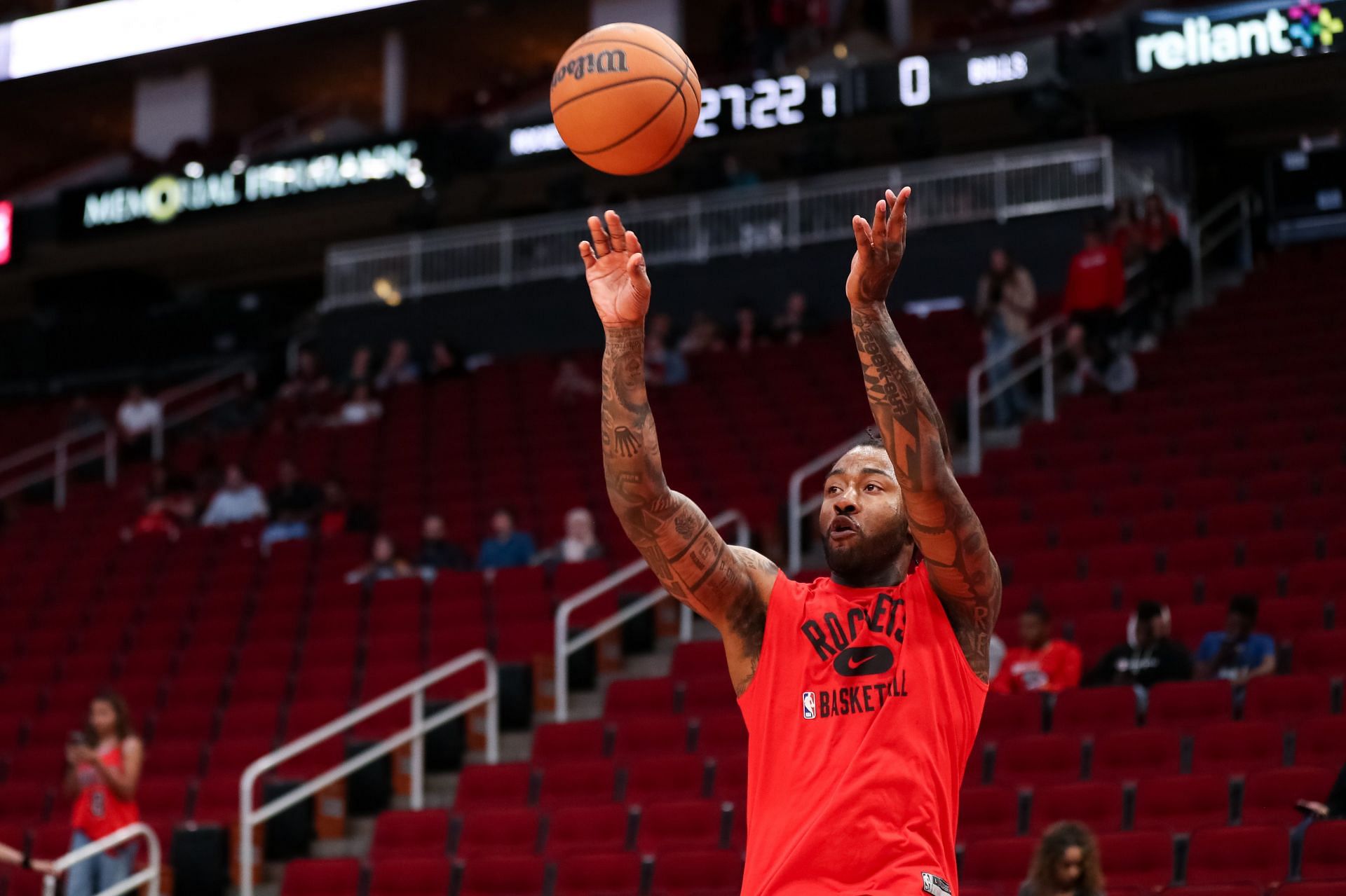 John Wall of the Houston Rockets takes practice at Toyota Center.