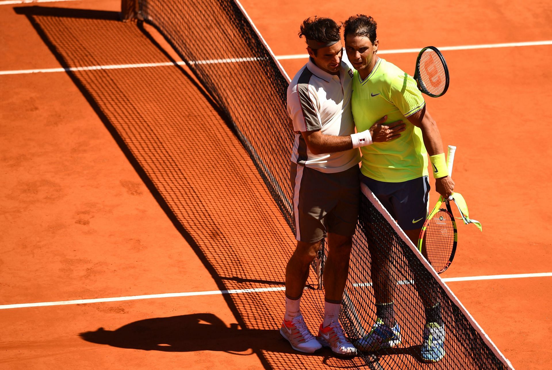Roger Federer congratulates Rafael Nadal after their 2019 French Open semifinal