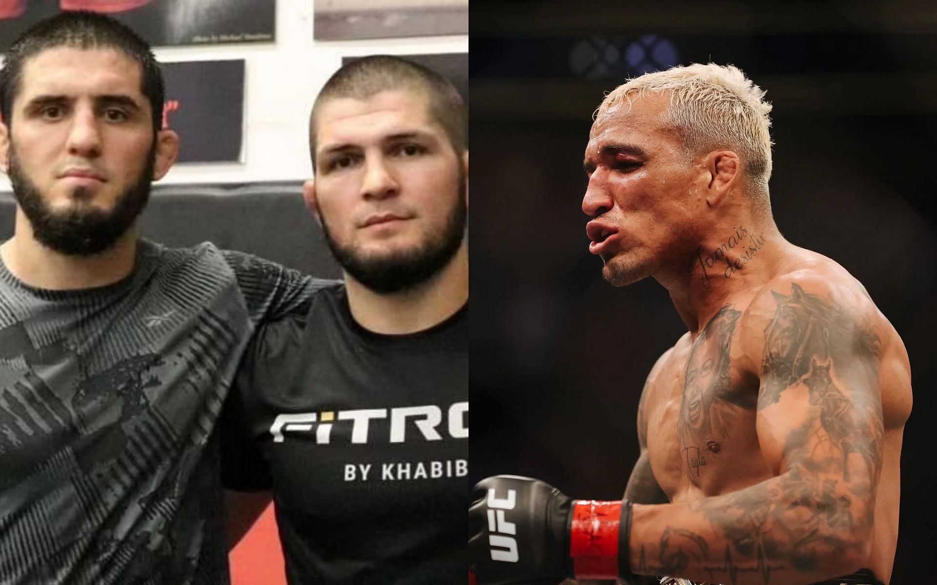 Islam Makahachev and Khabib Nurmagomedov (left); Charles Oliveira (right)