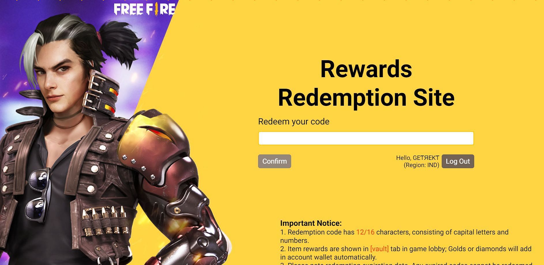 Rewards Redemption Site needs users to enter the redeem code into the text field (Image via Garena)