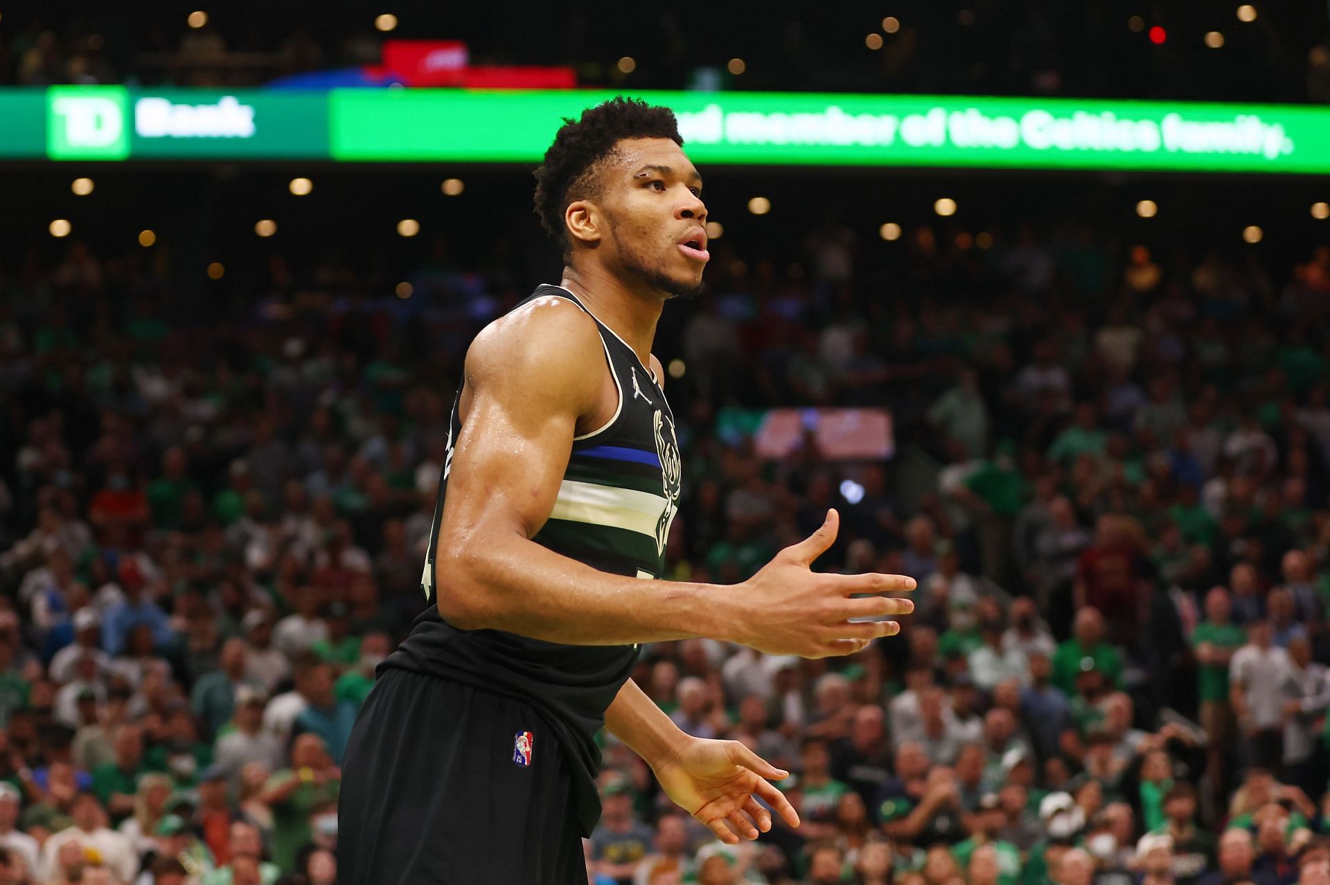 Giannis Antetokounmpo #34 of the Milwaukee Bucks reacts against the Boston Celtics during the fourth quarter in Game Seven of the 2022 NBA Playoffs Eastern Conference Semifinals at TD Garden on May 15, 2022 in Boston, Massachusetts.