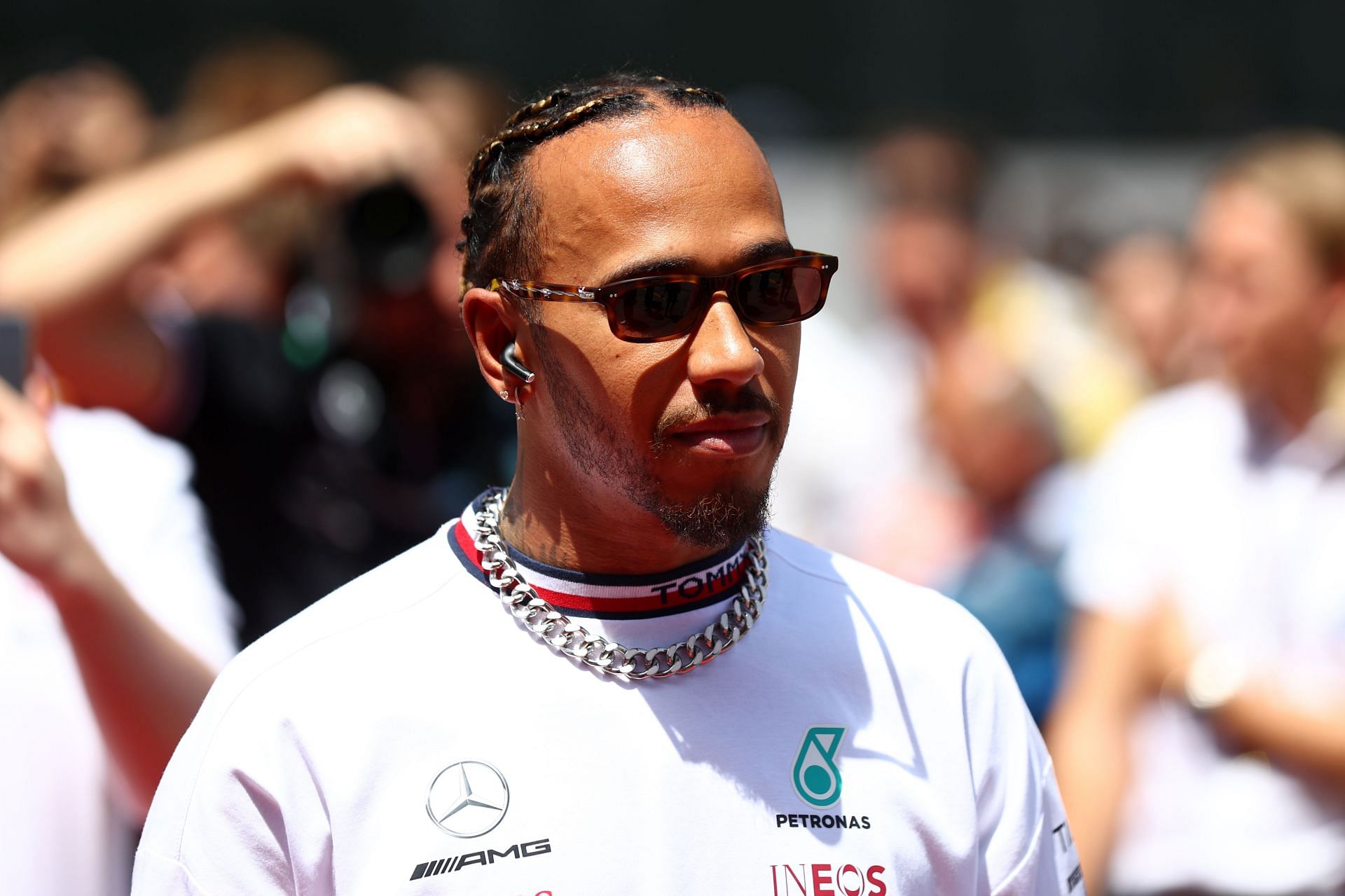 Lewis Hamilton looks on from the drivers&#039; parade before the 2022 Spanish GP. (Photo by Lars Baron/Getty Images)