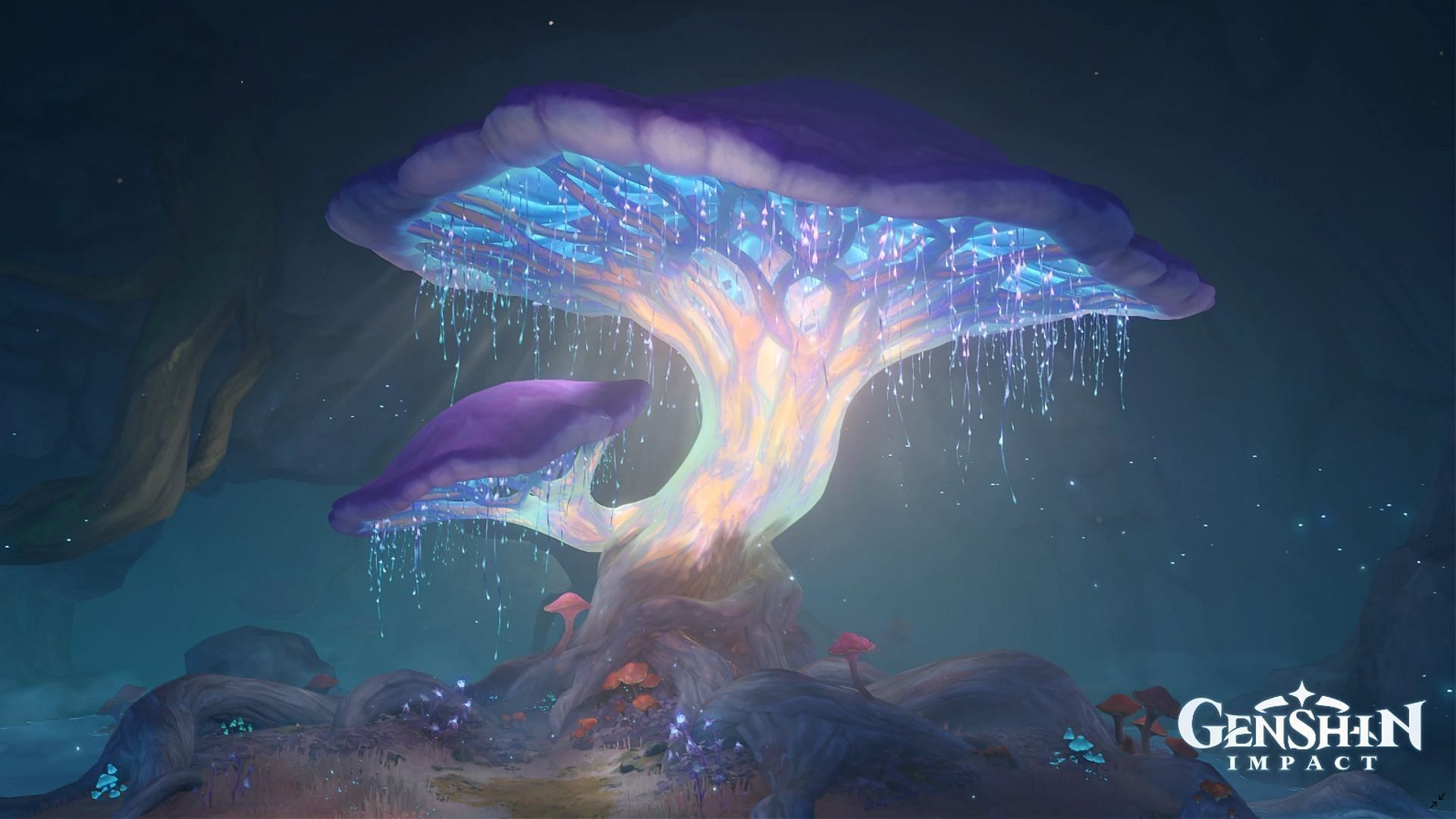 A large chest sits atop this massive mushroom (Image via Genshin Impact)