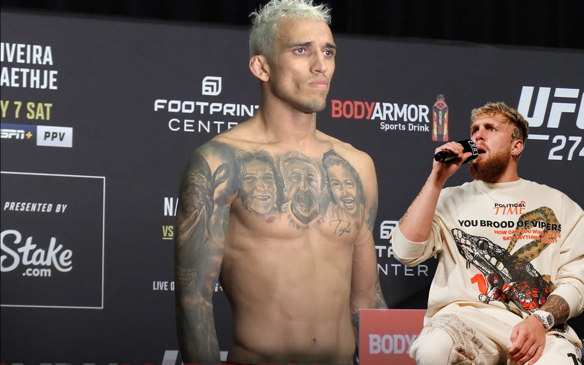 Charles Oliveira (left) and Jake Paul (right) (Images via YouTube / UFC and Getty)