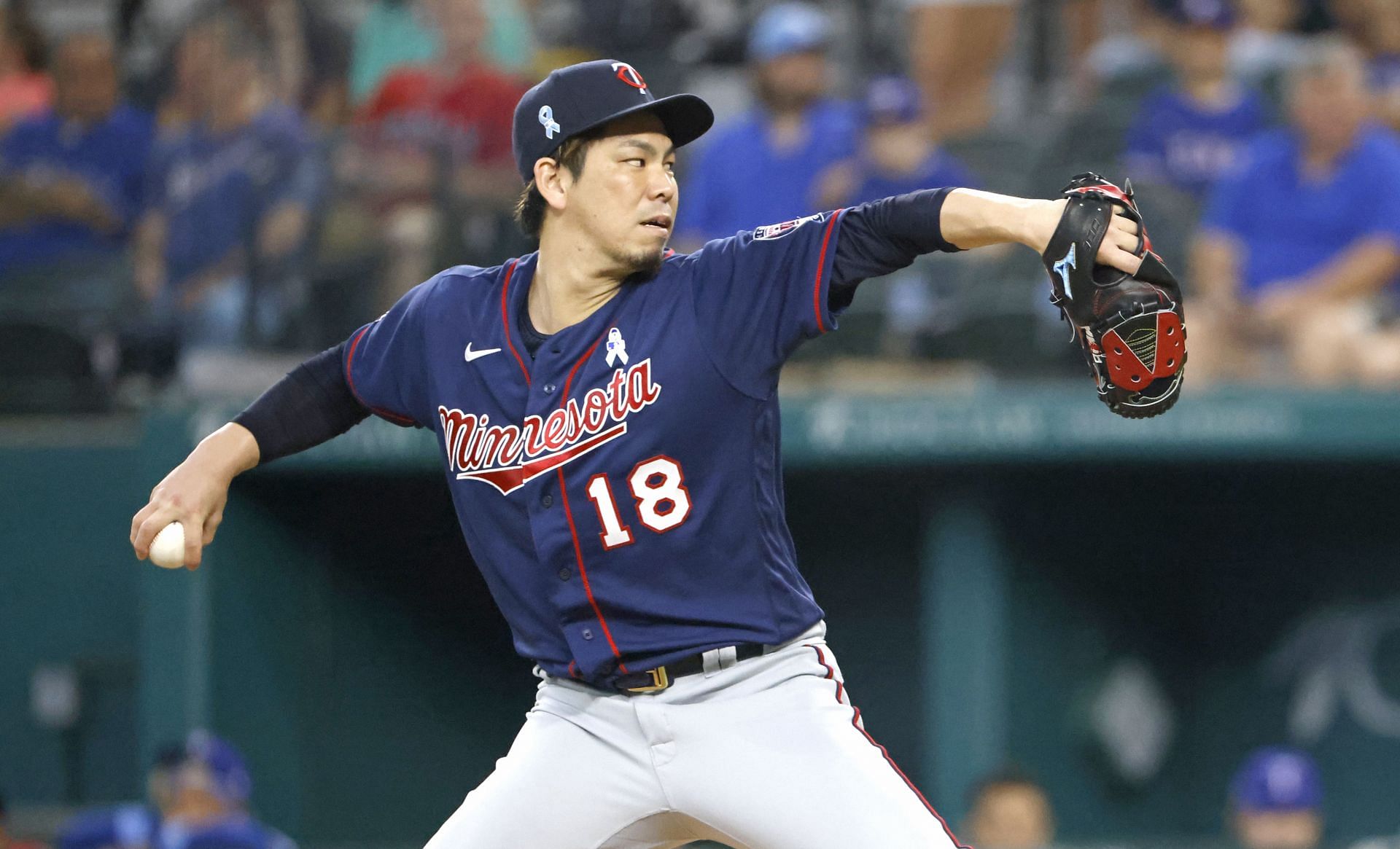 Minnesota Twins starting pitcher Kenta Maeda of Japan throws during the  first inning of a baseball game against the Texas Rangers in Arlington,  Texas, Sunday, Sept. 3, 2023. (AP Photo/LM Otero Stock