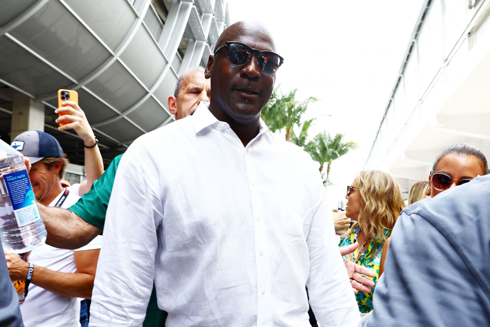 Basketball legend Michael Jordan walks in the Paddock before the F1 Grand Prix of Miami