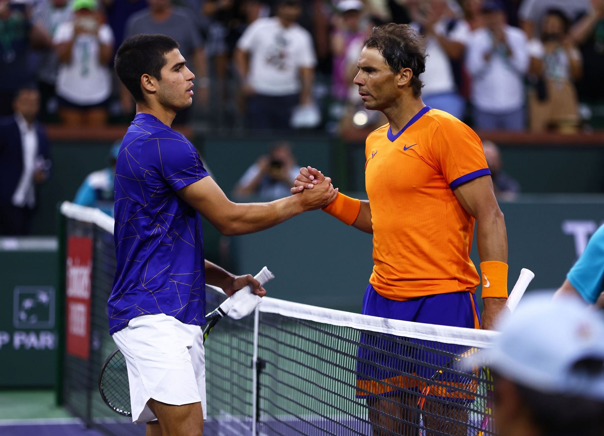 Rafael Nadal (R) has won both of his previous encounters against Carlos Alcaraz