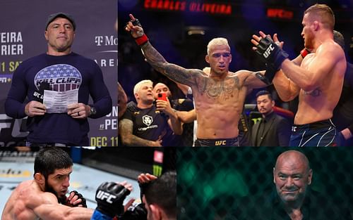 Clockwise from top left image: Joe Rogan, Charles Oliveira, Dana White and Islam Makhachev