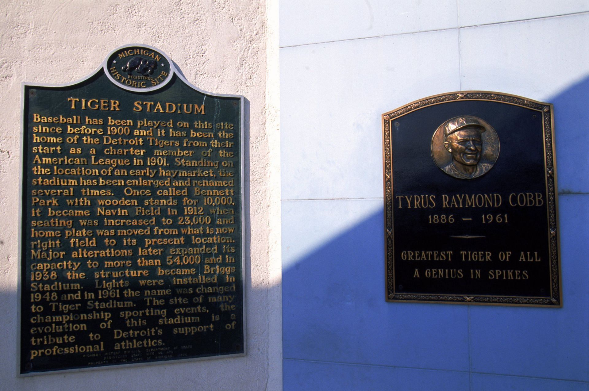 A view of the Tiger Stadium and Tyrus Raymond Cobb plaques