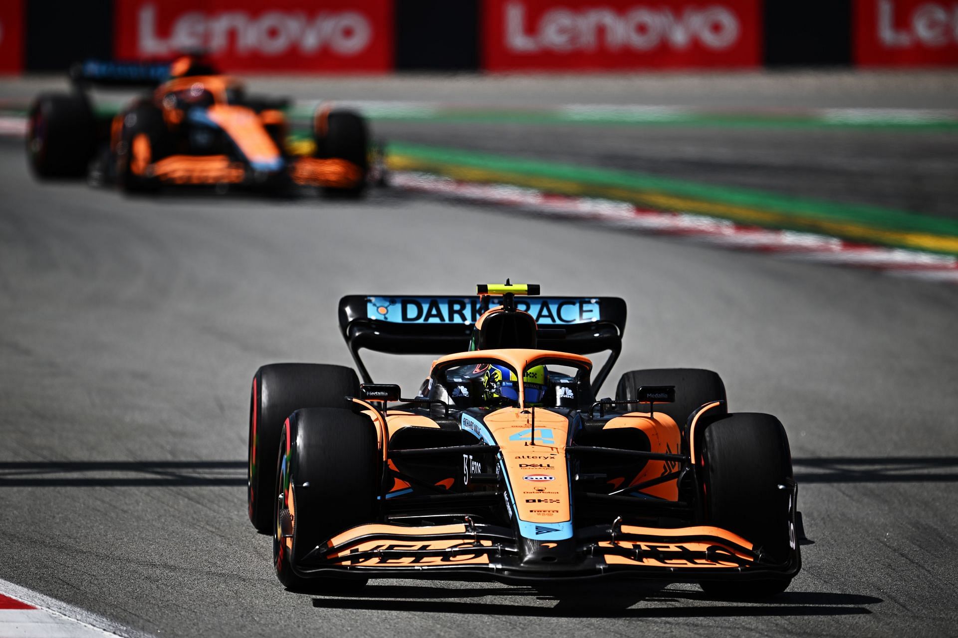 McLaren drivers Lando Norris (foreground) and Daniel Ricciardo (background) in action during the 2022 F1 Spanish GP (Photo by Clive Mason/Getty Images)