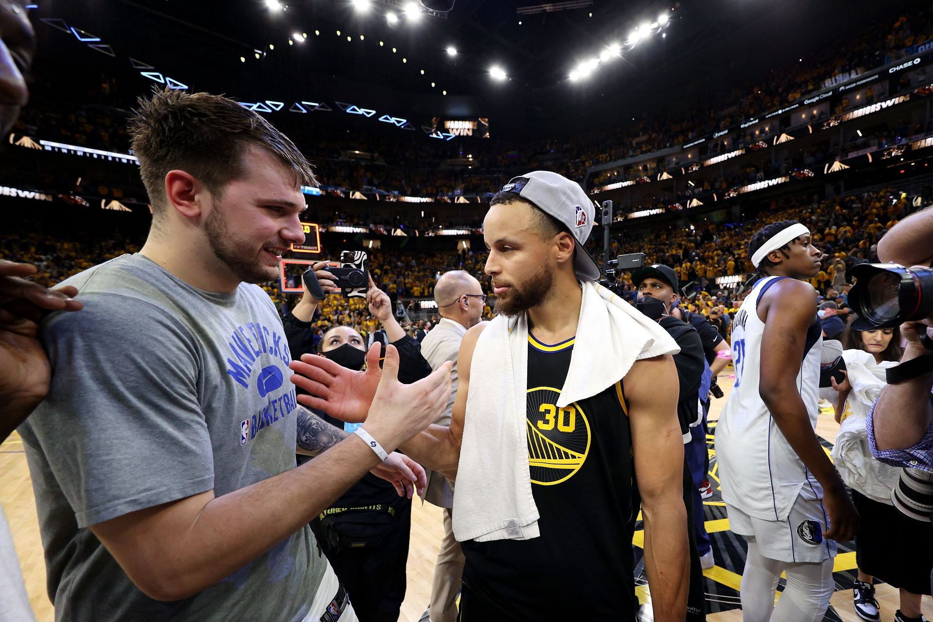 Stephen Curry of the Golden State Warriors and Luka Doncic of the Dallas Mavericks.