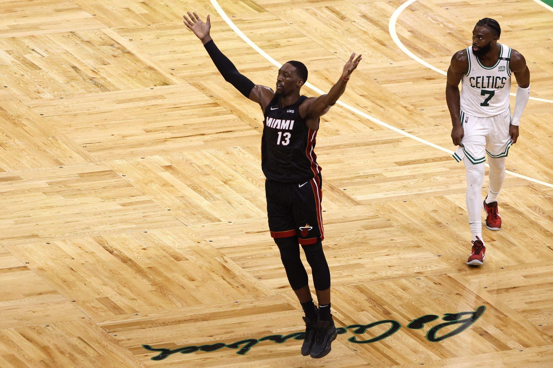 Bam Adebayo, left, scored a 31-point double-double and Jaylen Brown, right, scored 40 points.