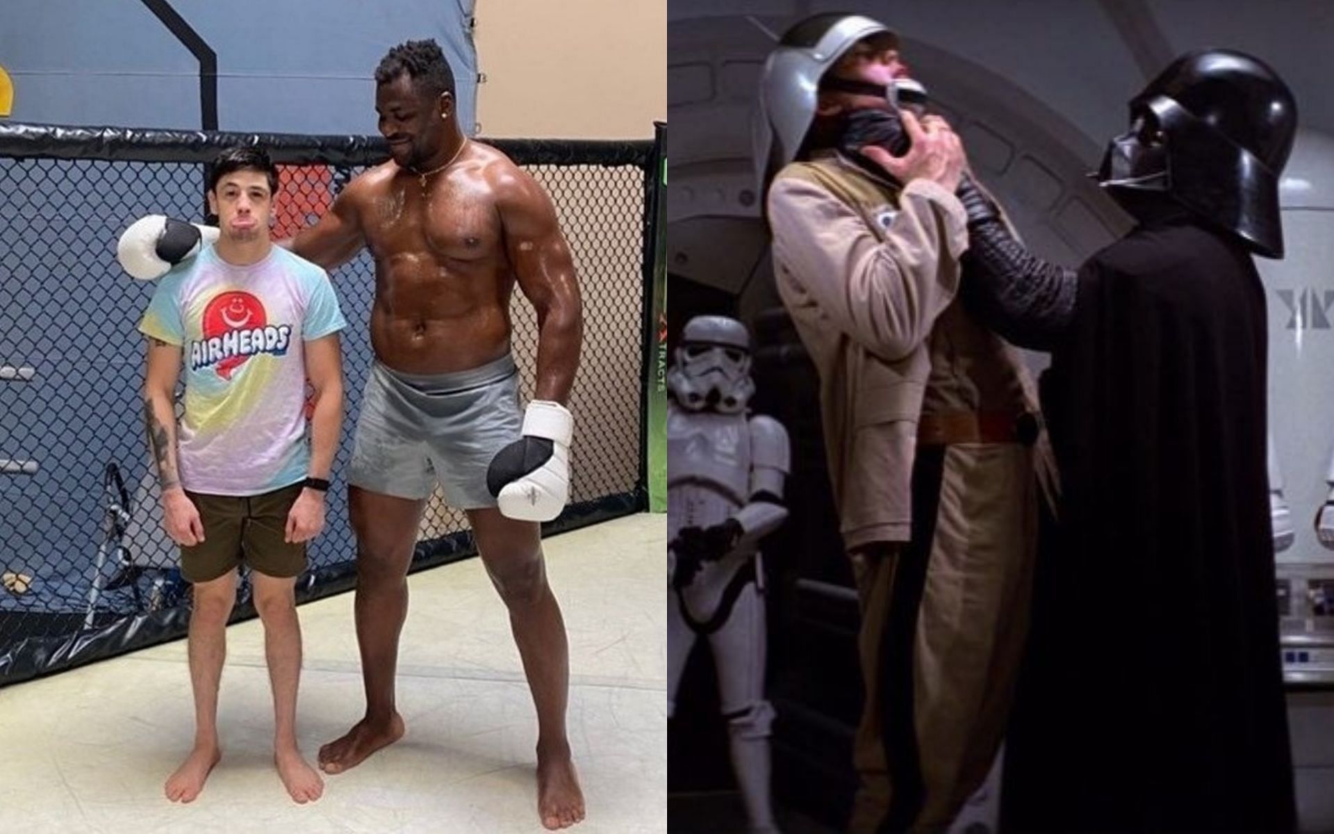 Francis Ngannou and Brandon Moreno (Left), &#039;Star Wars&#039; scene (Right) [Image credits: @btsportufc via Twitter and NERDBOT.com]