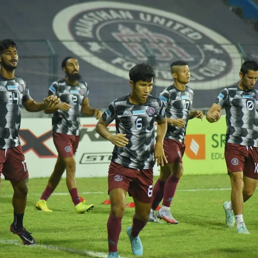 Rajasthan United FC players during their warm-up session ahead of their game against Sreenidi Deccan FC (Image Courtesy: I-League Instagram)