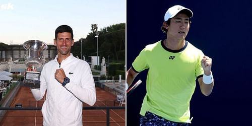 Novak Djokovic (L) and Yoshihito Nishioka.