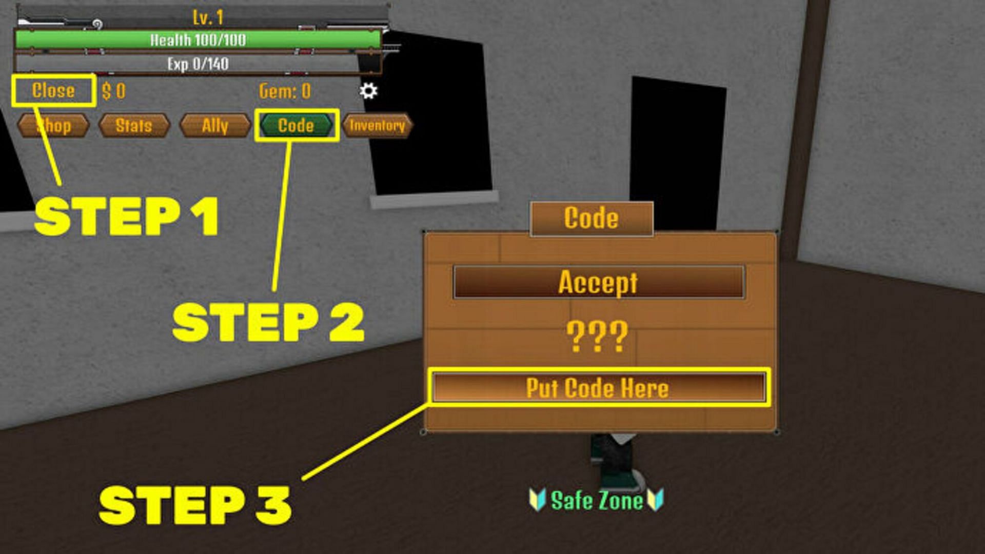 Steps to redeem codes (Image via Roblox)