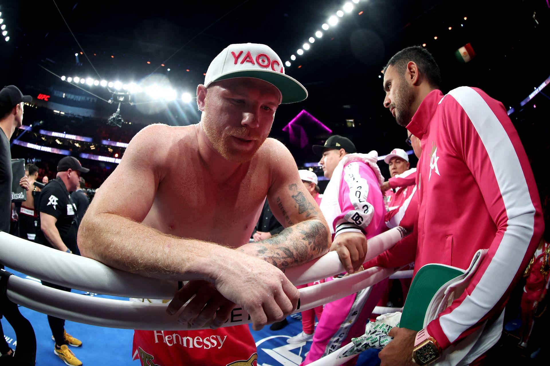 Canelo Alvarez reacts after WBA Light Heavyweight title fight against Dmitry Bivol at T-Mobile Arena on May 07, 2022 in Las Vegas, Nevada.
