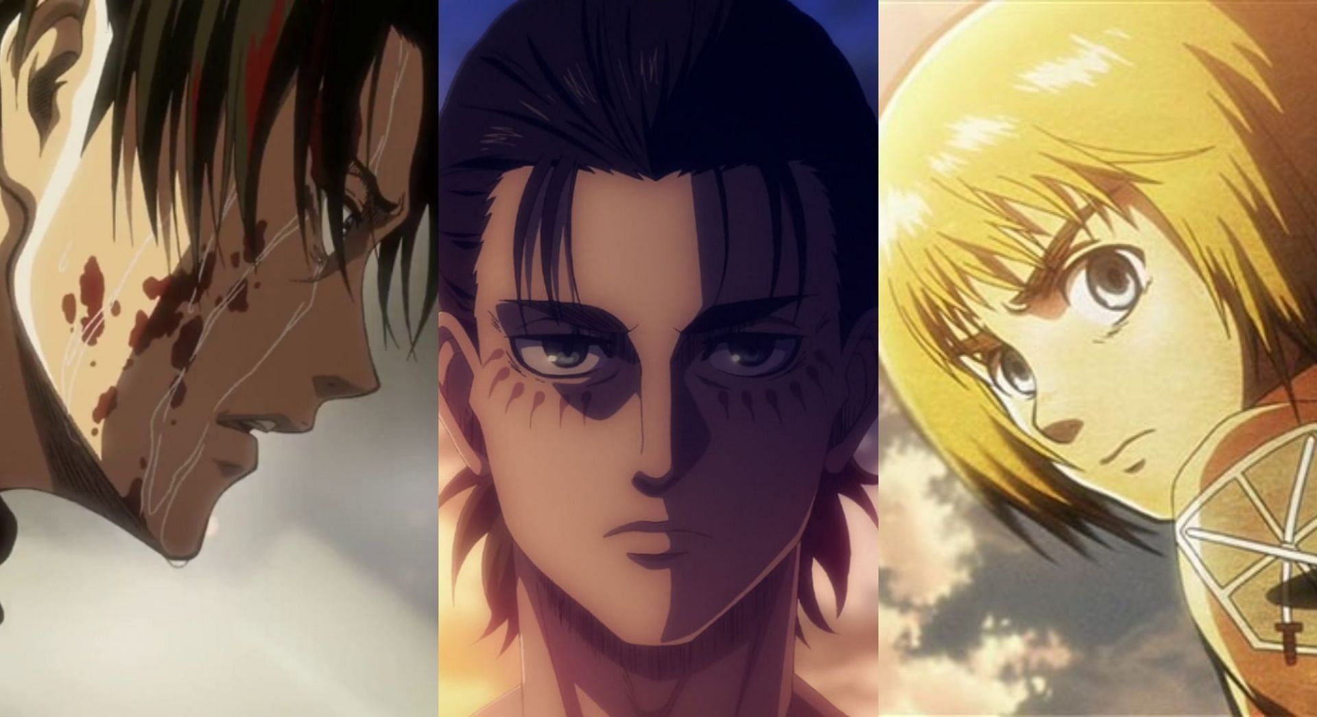 Armin, Levi, and Eren, as seen in Attack on Titan (image via Studio WIT and MAPPA)