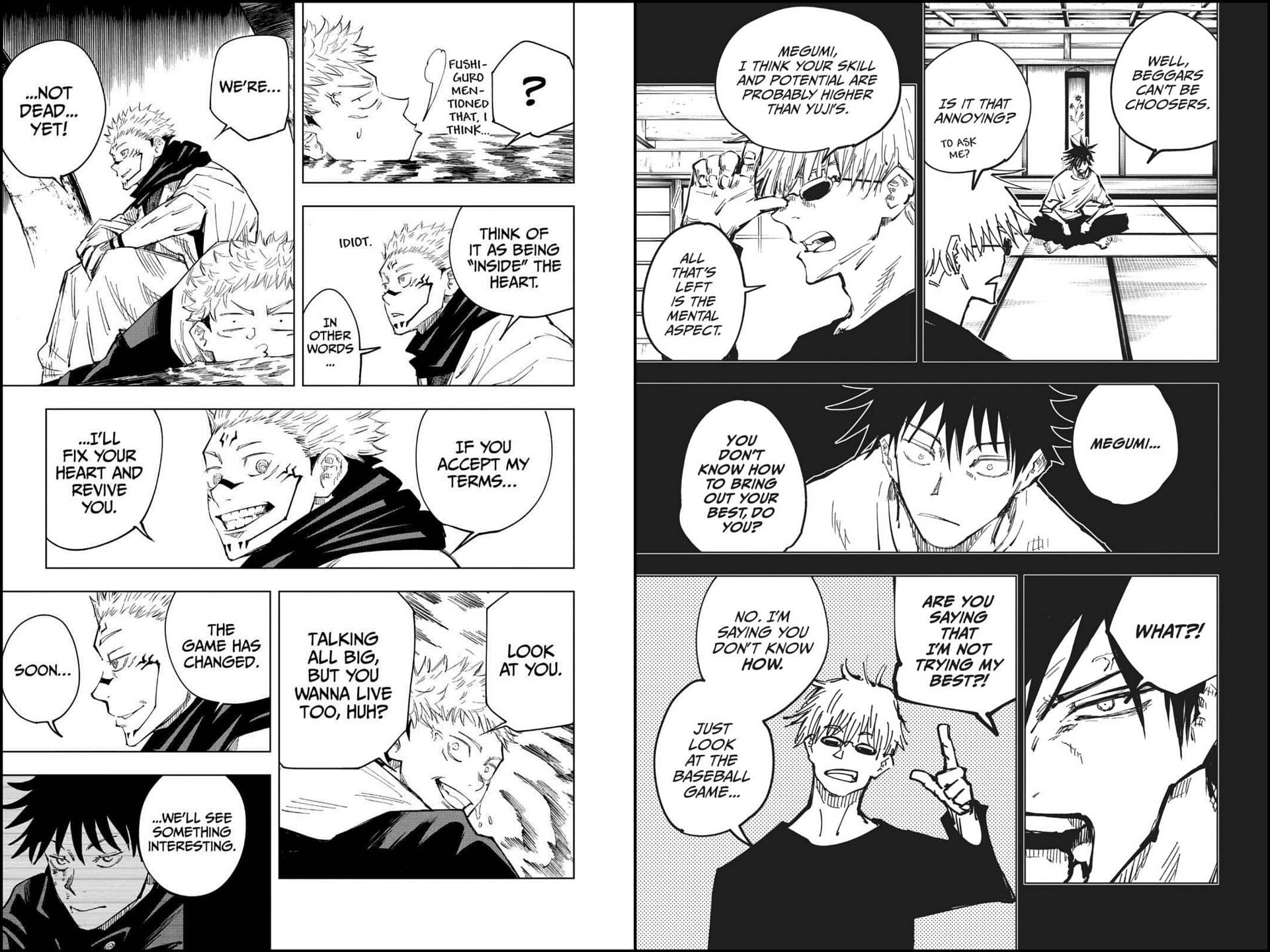 Sukuna and Gojo regarding Megumi&#039;s potential (Image via Shueisha)