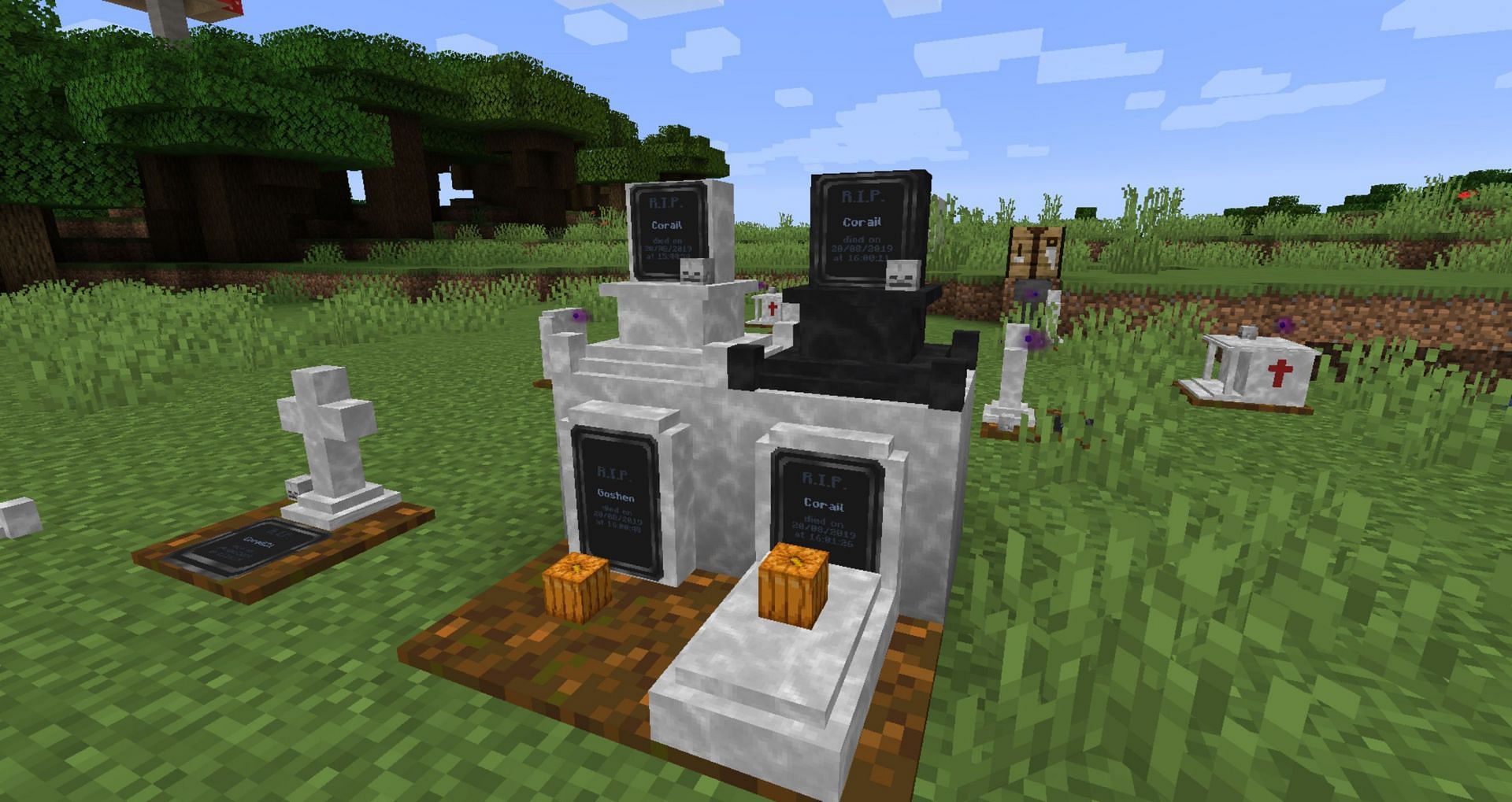 These tombstones look great but are also fully functional for item retrieval (Image via Coral_31/CurseForge)