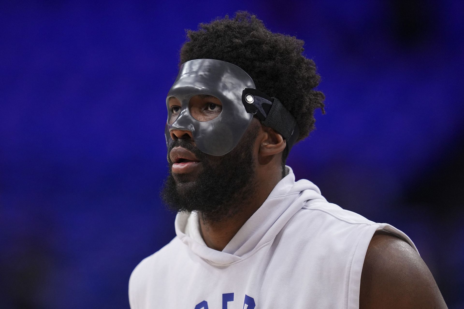 Joel Embiid of the Philadelphia 76ers looks on before Game 3 of the Eastern Conference semifinals against the Miami Heat at the Wells Fargo Center on Friday in Philadelphia, Pennsylvania.