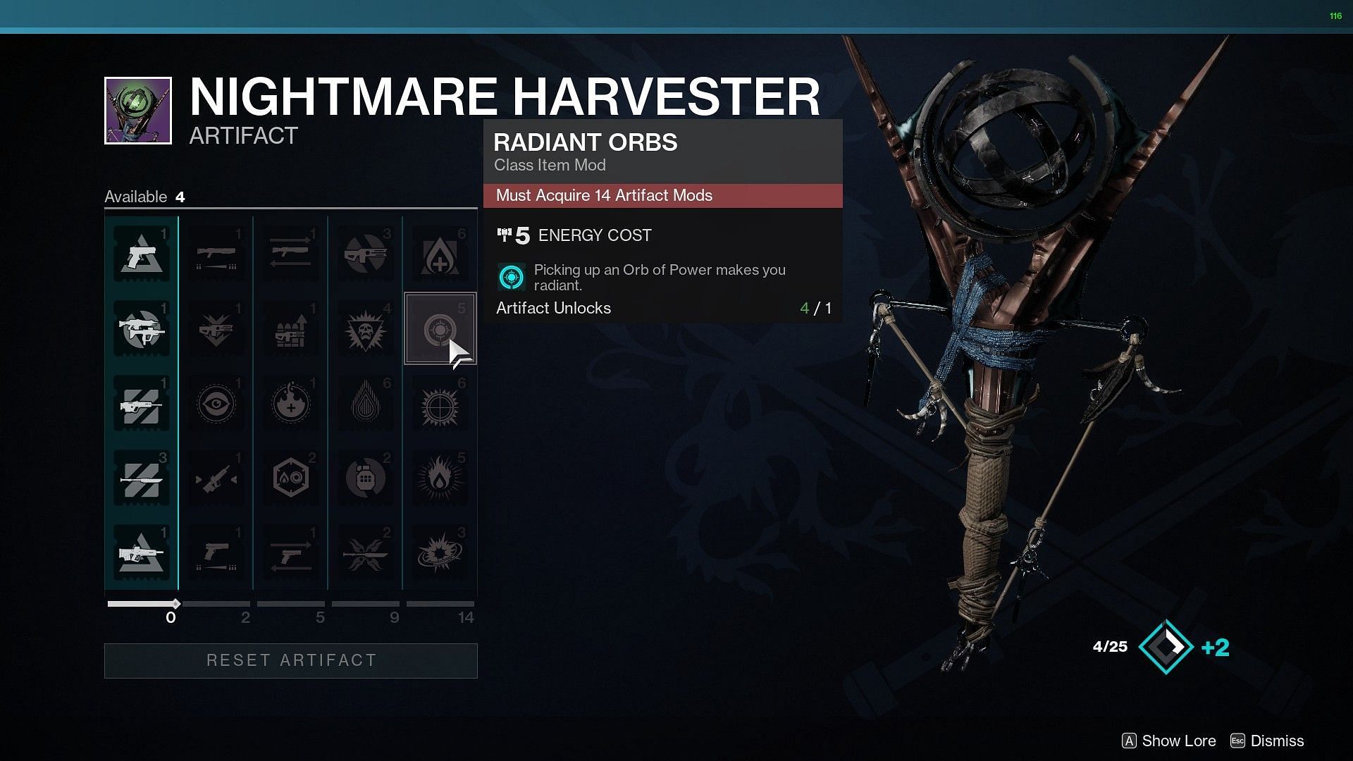 One of the high energy mods in the Nightmare Harvester seasonal artifact (Image via Destiny 2)