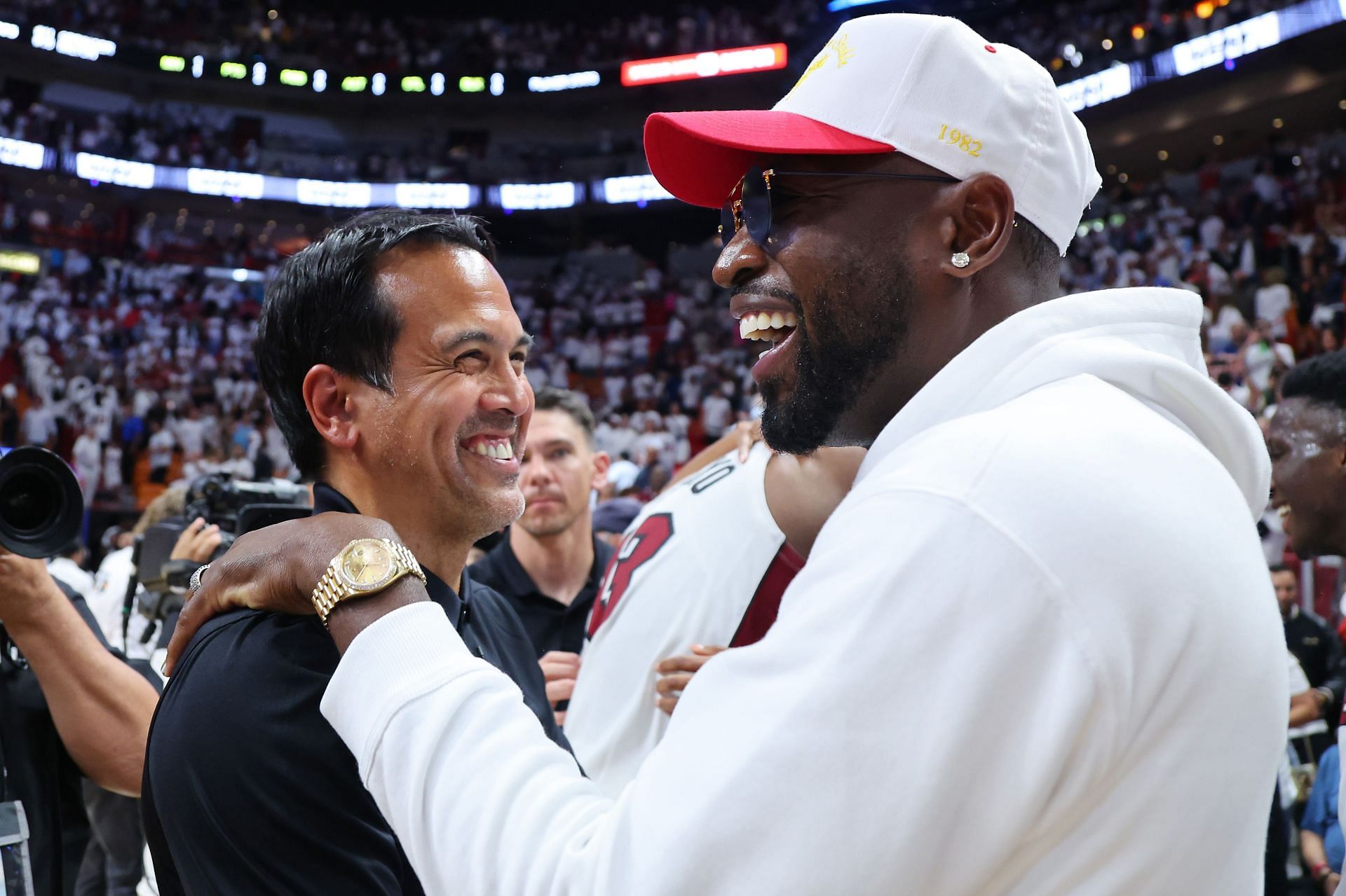 Dwyane Wade and Erik Spoelstra post the Philadelphia 76ers v Miami Heat - Game Two