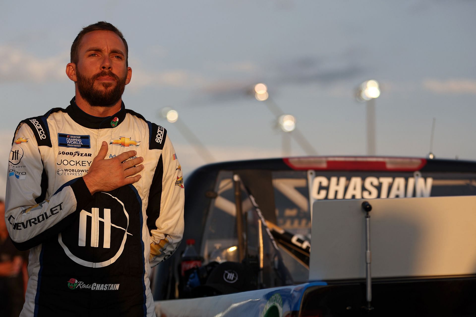 Ross Chastain stands on the grid during the national anthem prior to the NASCAR Camping World Truck Series Dead on Tools 200 at Darlington Raceway