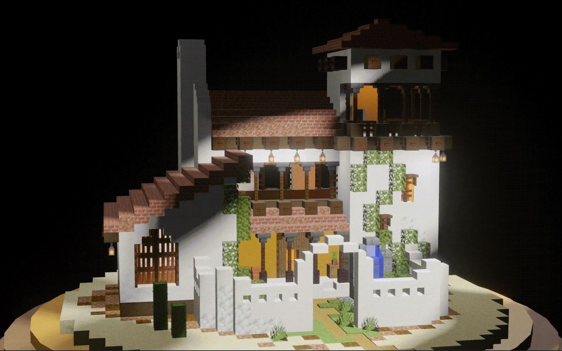 Spanish Revival architecture inspired build in Minecraft (Image via u/Jak03e Reddit)