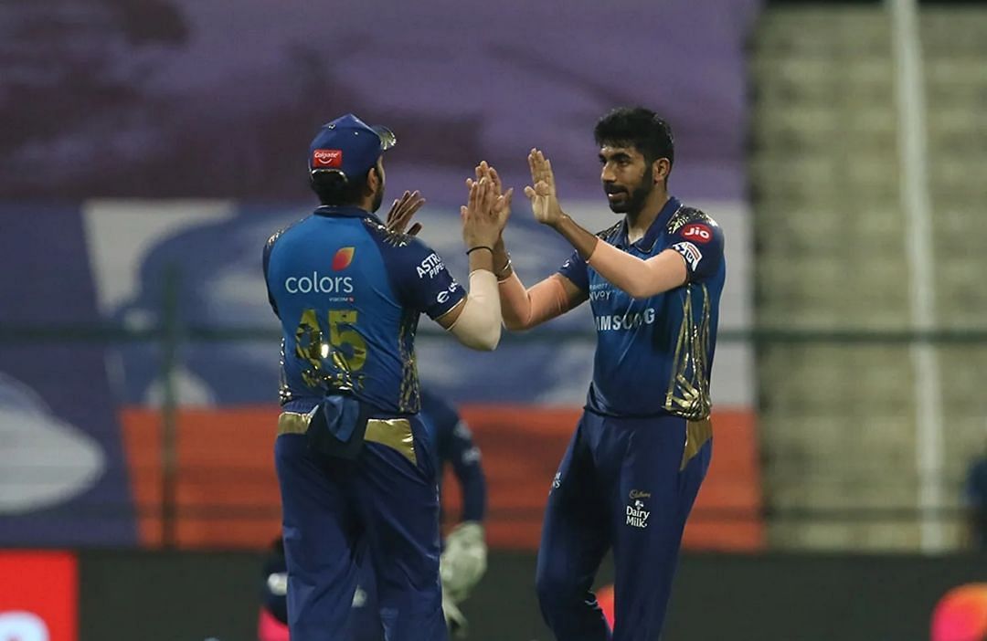 Jasprit Bumrah celebrating with Rohit Sharma [P:C: IPLT20]