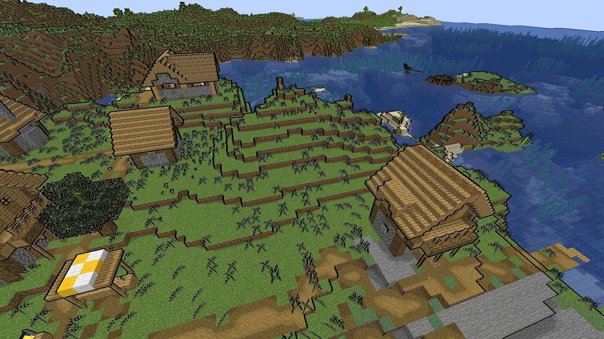 A coastal village with Naelego&#039;s Cel-Shade shader (Image via Minecraft)