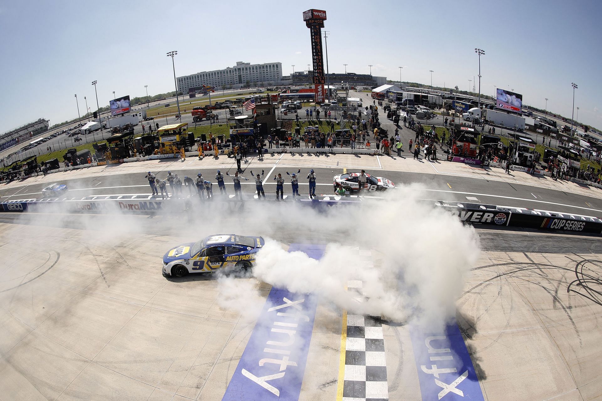 Chase Elliott celebrates with a burnout after winning the NASCAR Cup Series DuraMAX Drydene 400 presented by RelaDyne at Dover Motor Speedway. (Photo by Tim Nwachukwu/Getty Images)