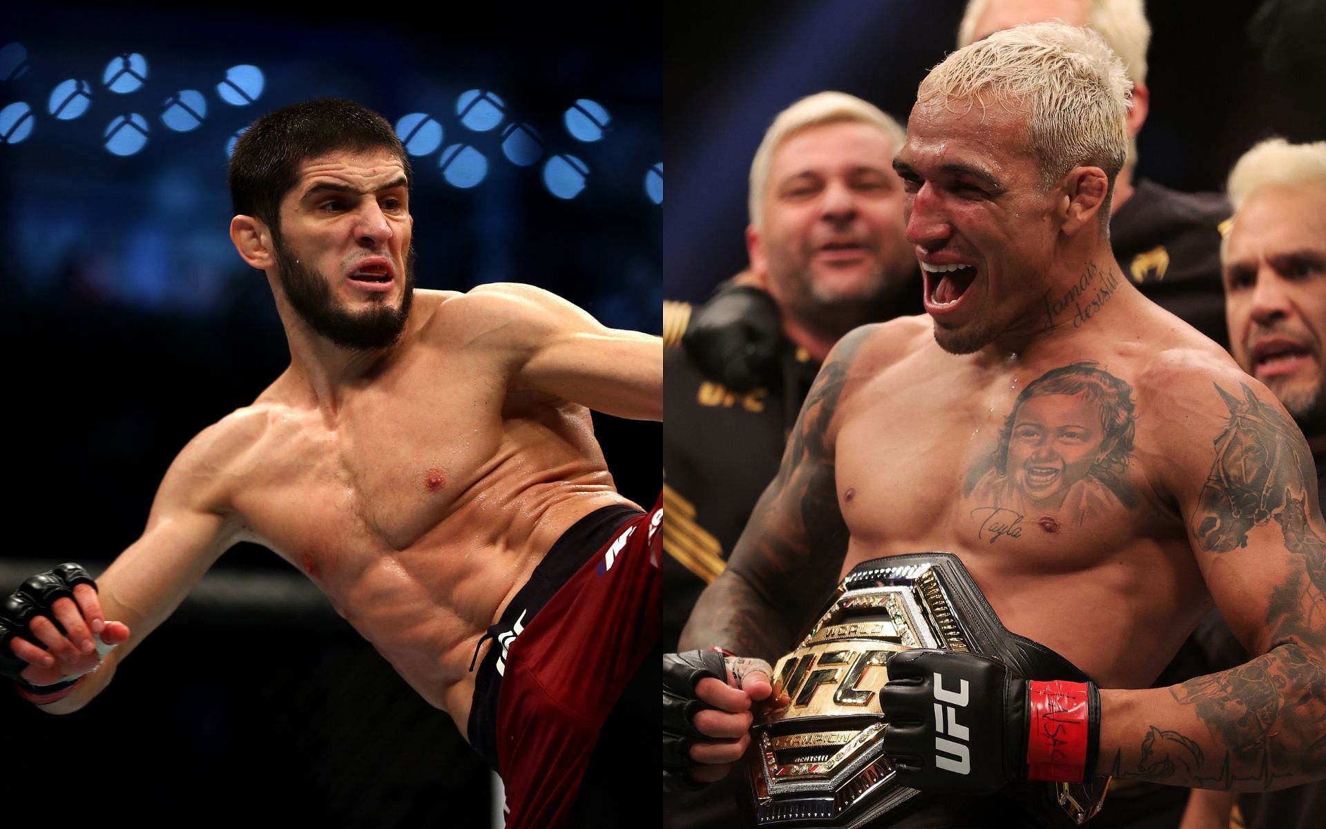 Islam Makhachev (left) needs two more wins for a title shot, according to Charles Oliveira (right)
