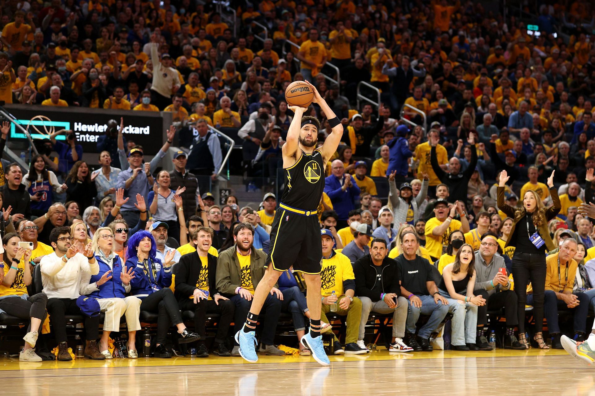 Klay Thompson attempts a three-pointer in Game 5
