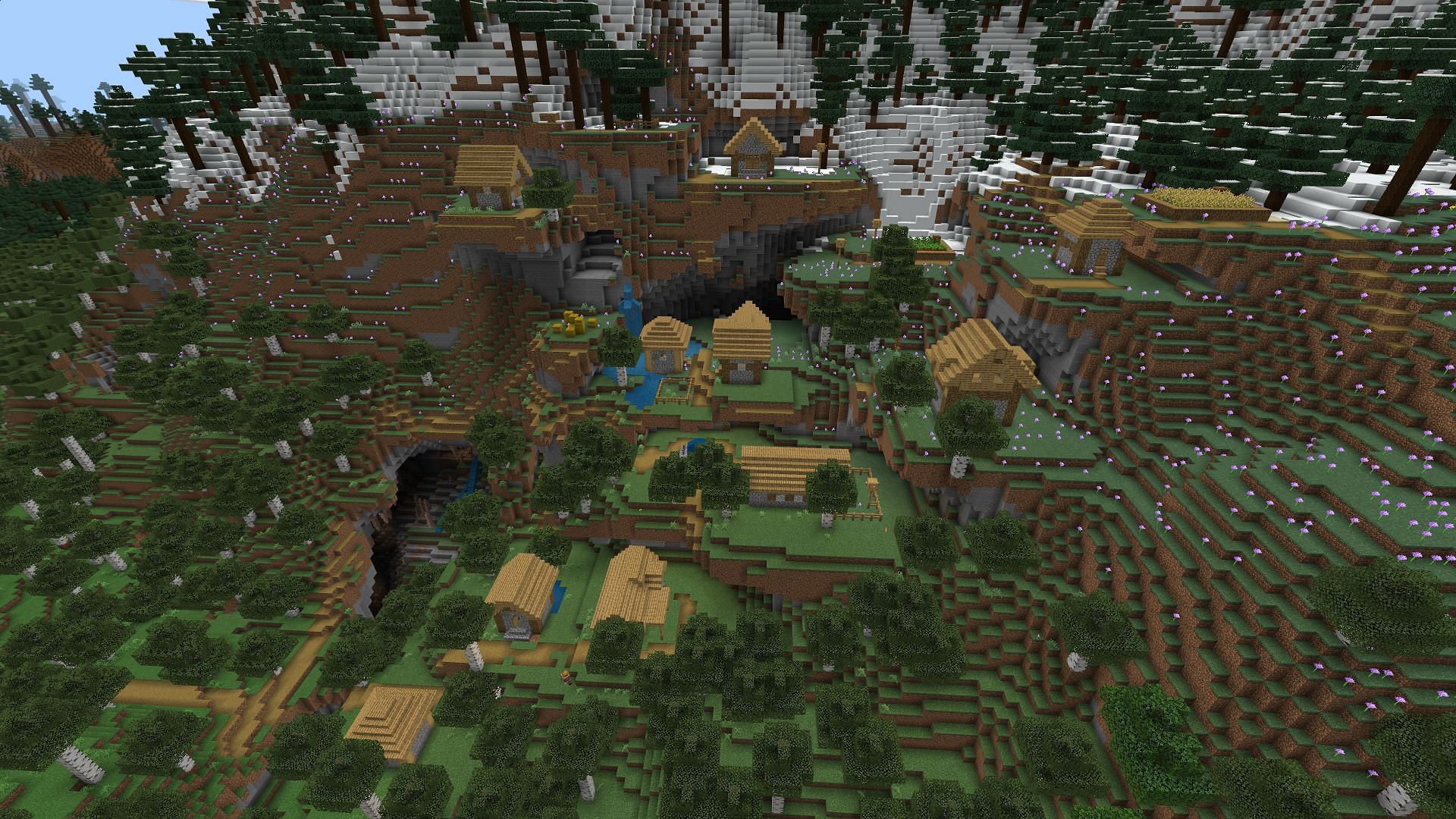 The flowery mountainside village (Image via Minecraft)