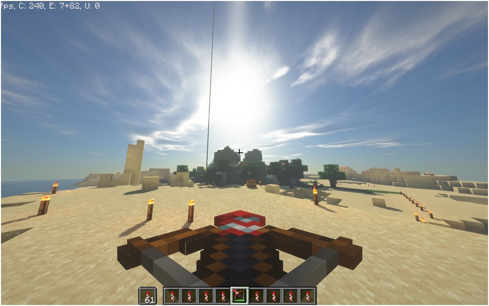 A crossbow loaded with a firework rocket (Image via Minecraft)