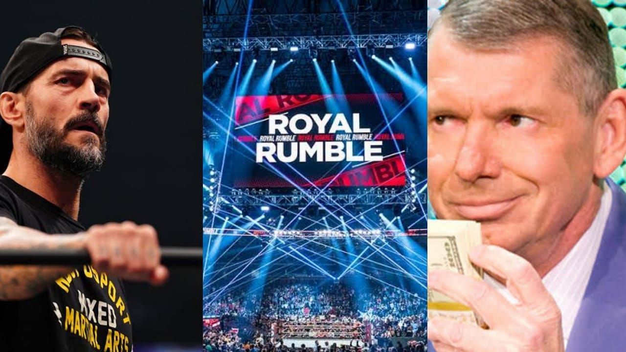 CM Punk (left) Royal Rumble stage (center), and Vince McMahon (right)