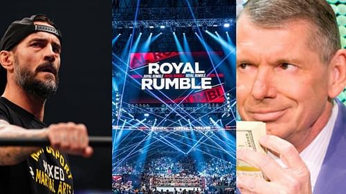 CM Punk (left) Royal Rumble stage (center), and Vince McMahon (right)