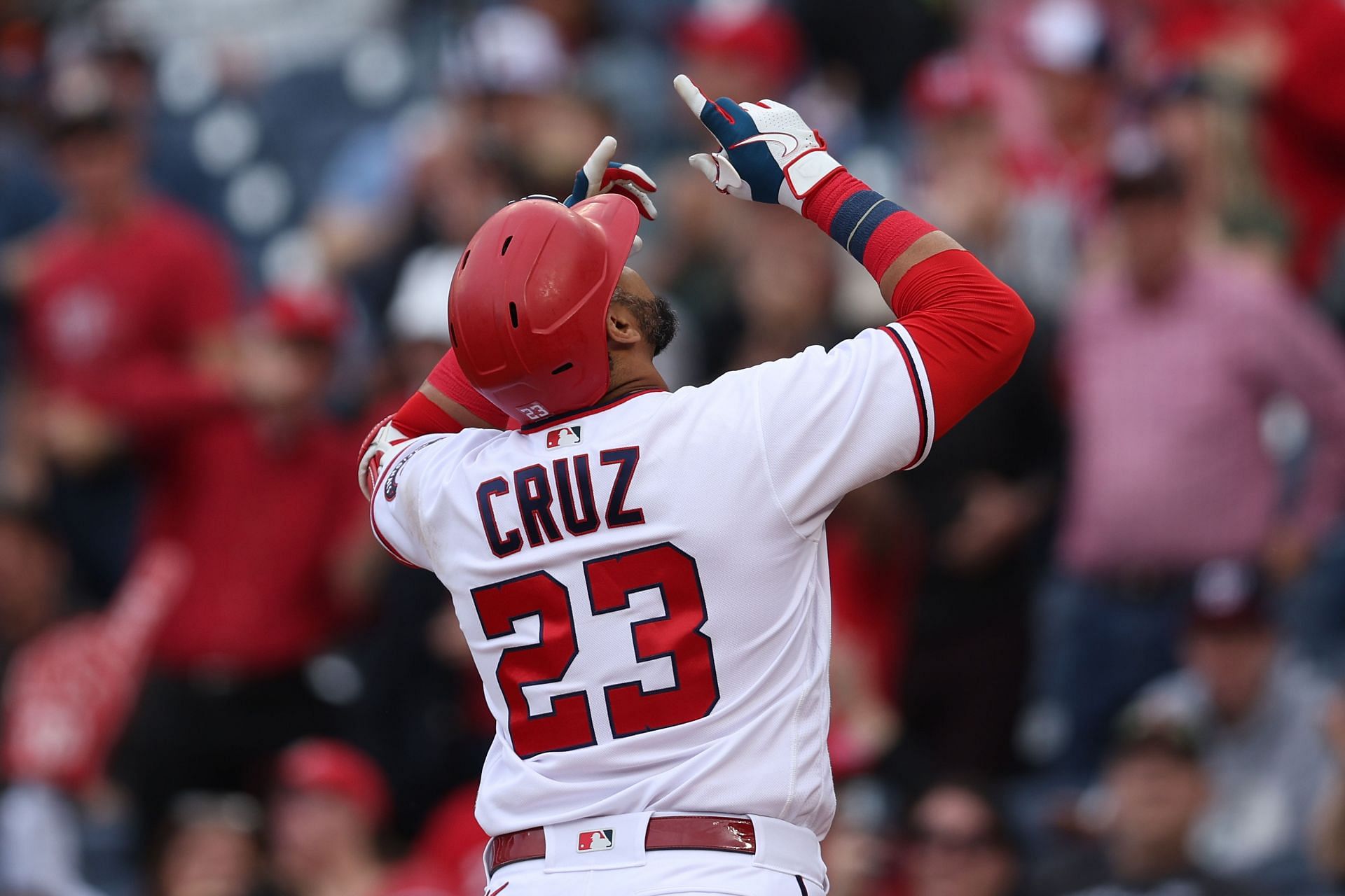 Nelson Cruz of the Washington Nationals celebrates his two run home run.