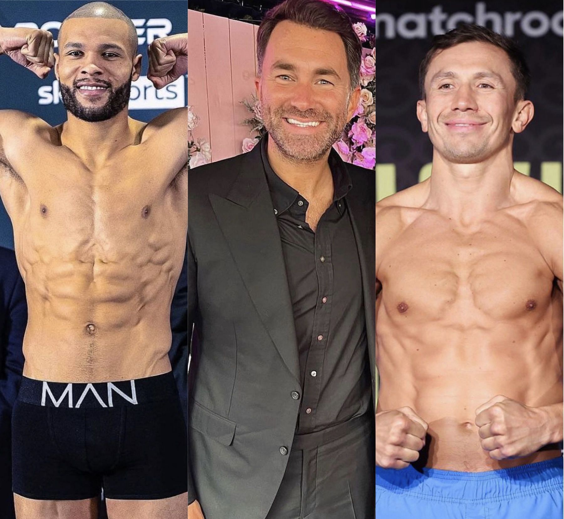 Chris Eubank Jr. (left), Eddie Hearn (center), Gennadiy Golovkin (right)