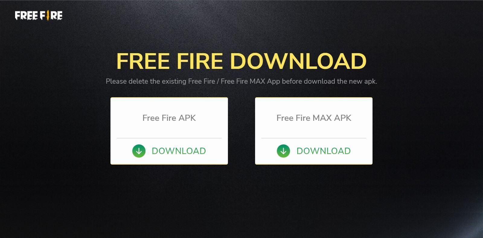 Garena&#039;s official page for downloading FF and its MAX version (Image via Garena)