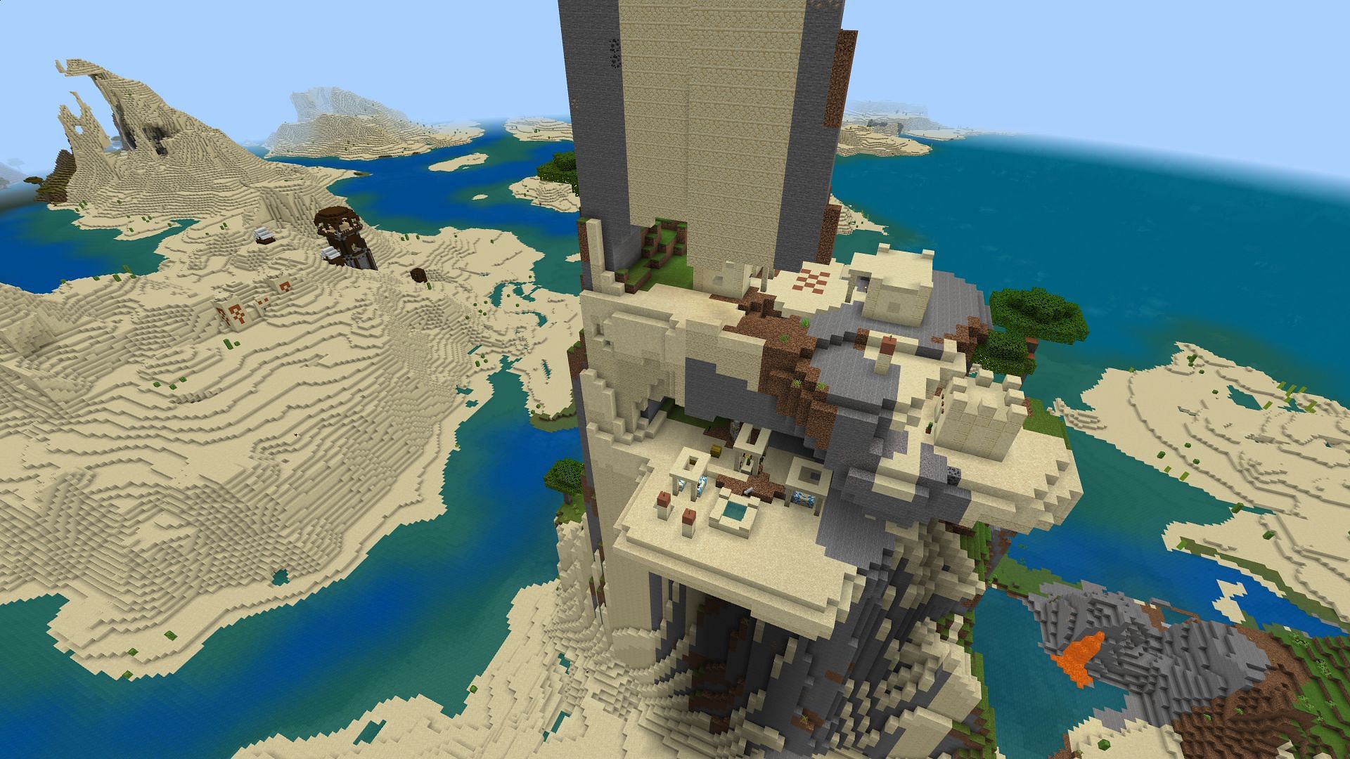 The mountaintop village, desert temple, and pillager outpost all near the spawn point (Image via Minecraft)