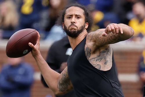 QB Colin Kaepernick throwing at halftime of the University of Michigan spring game. Source: USA Today