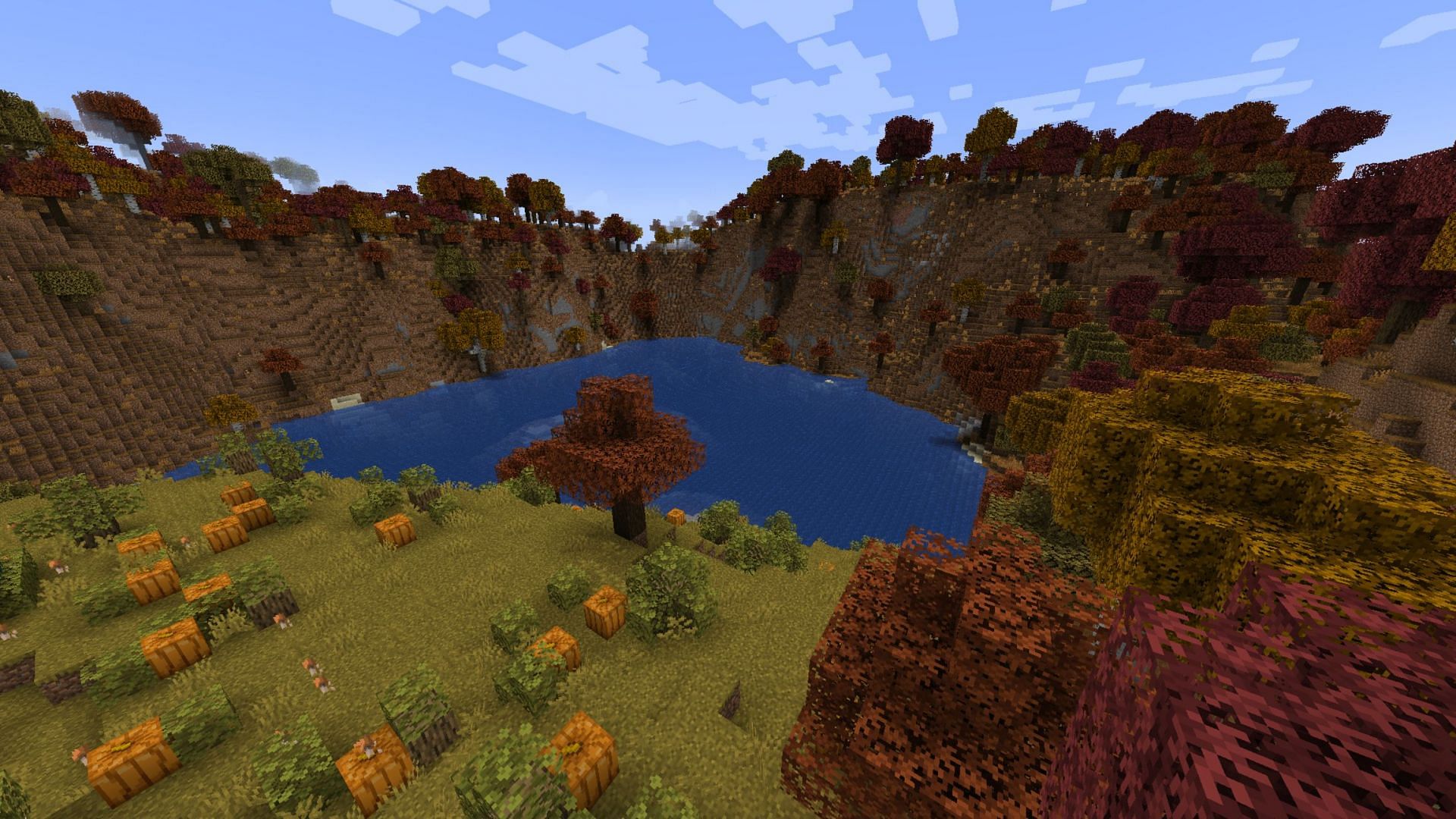 Biomes O&#039; Plenty&#039;s seasonal forest complete with a pumpkin patch (Image via Forstride/CurseForge)