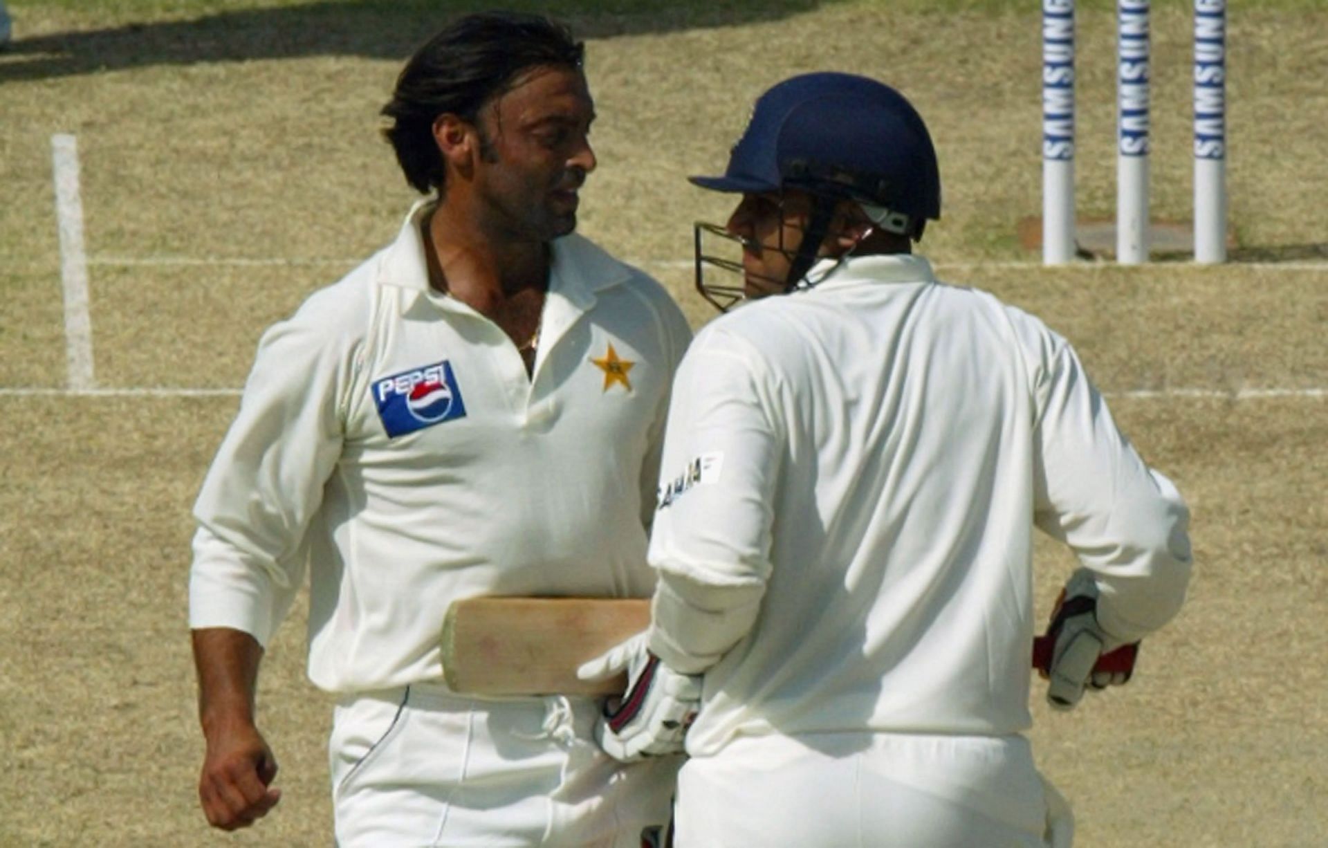 Shoaib Akhtar and Virender Sehwag during the 2004 Multan Test. Pic: Getty Images