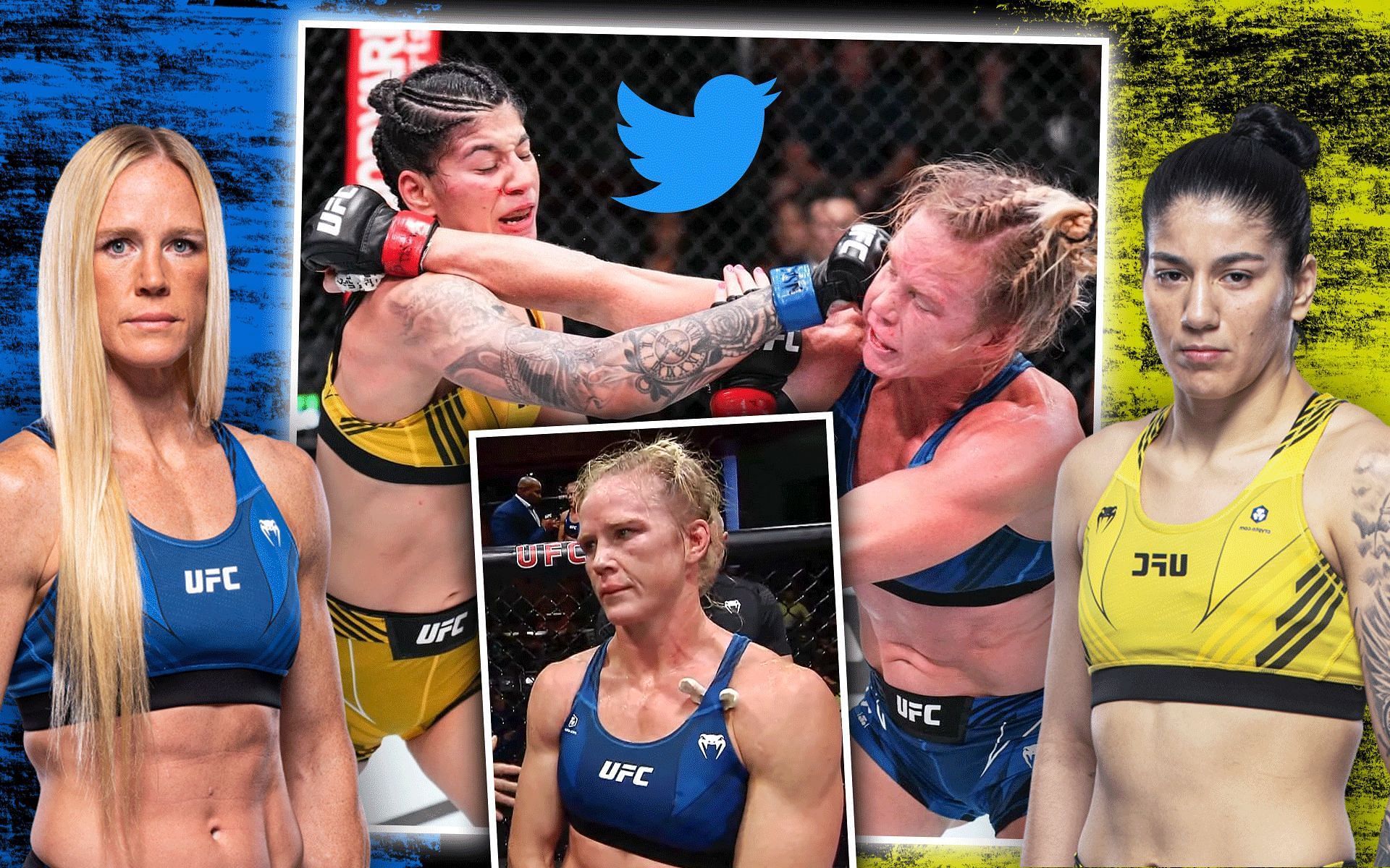 Twitter uproar after Holly Holm (left) drops split decision to Ketlen Vieira (right) [Image credits: ufc.com and @ufc on Twitter]