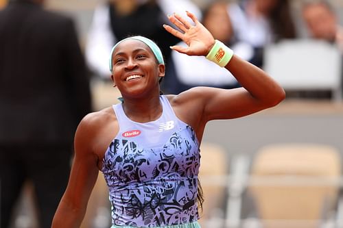 Coco Gauff celebrates during the 2022 French Open