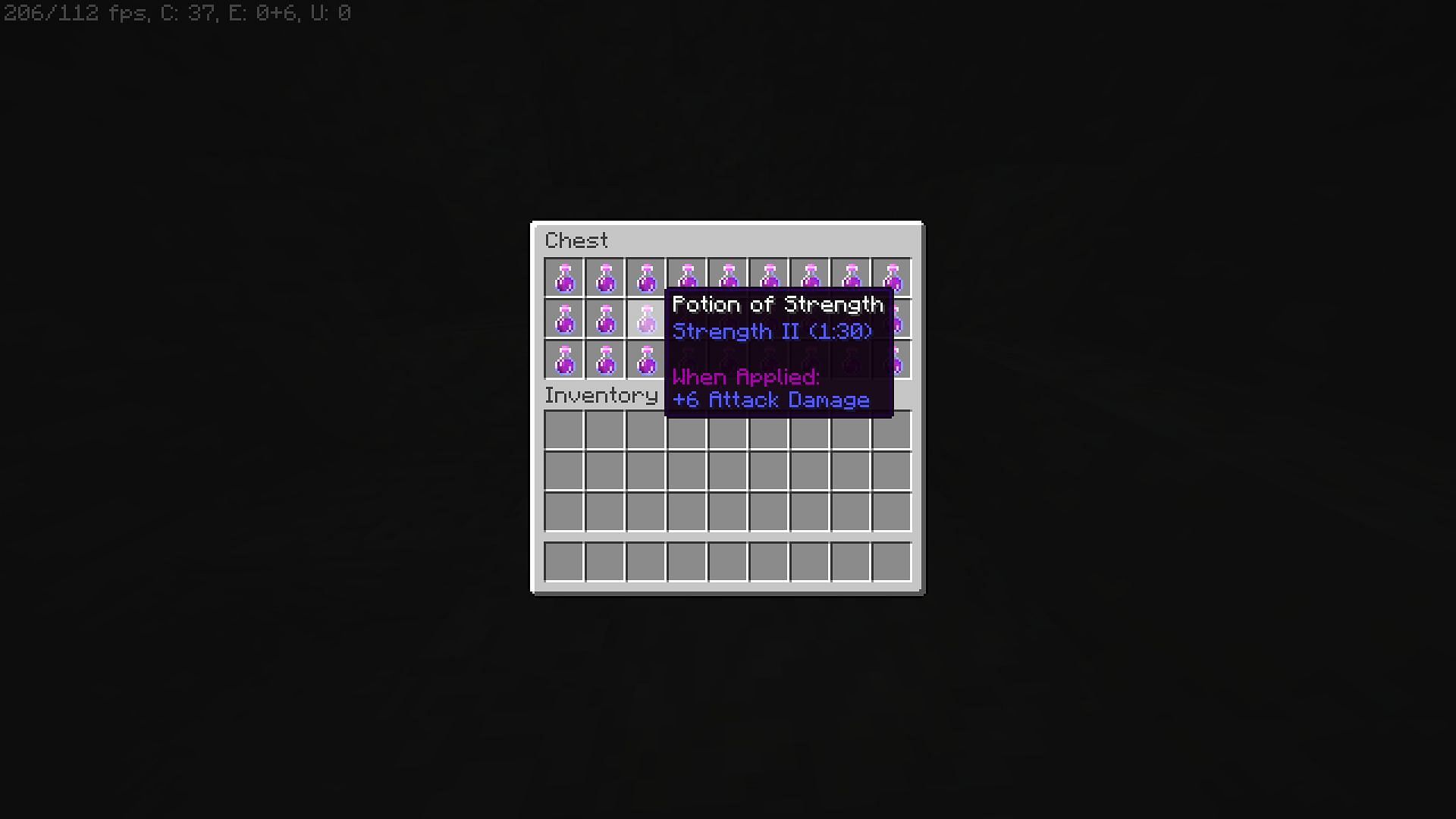 A chest full of strength II potions (Image via Minecraft)