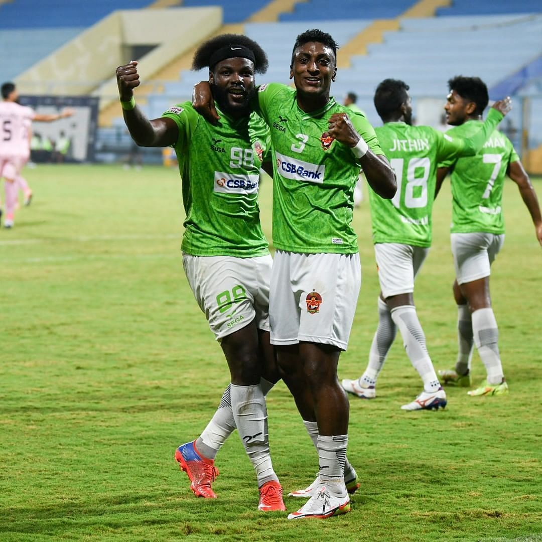 Gokulam Kerala FC&#039;s Jourdain Fletcher celebrating his goal against Rajasthan United FC (Image Courtesy: Gokulam Kerala FC Instagram)